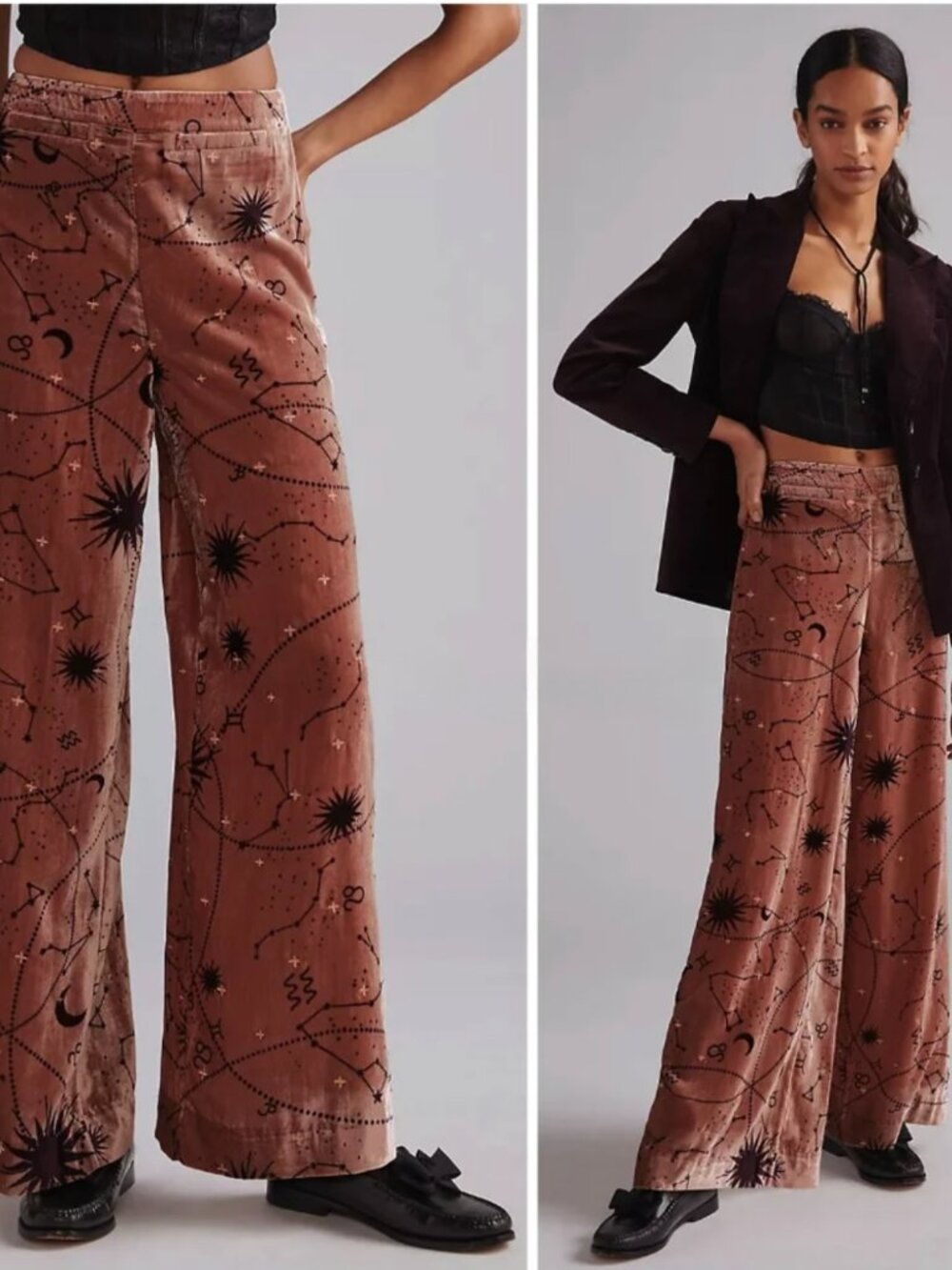 Anthropologie Embroidered Velvet Wide-Leg Pants Celestial Zodiac Brown Size 8 - Picture 13 of 13